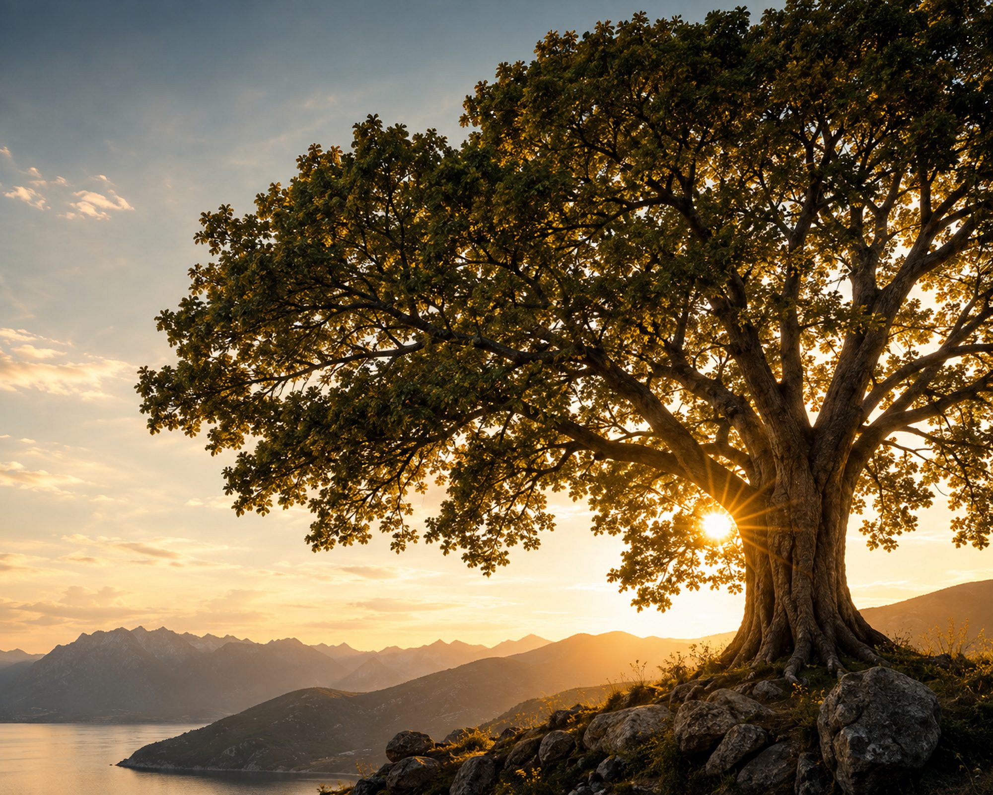 Tree by a lake and mountains